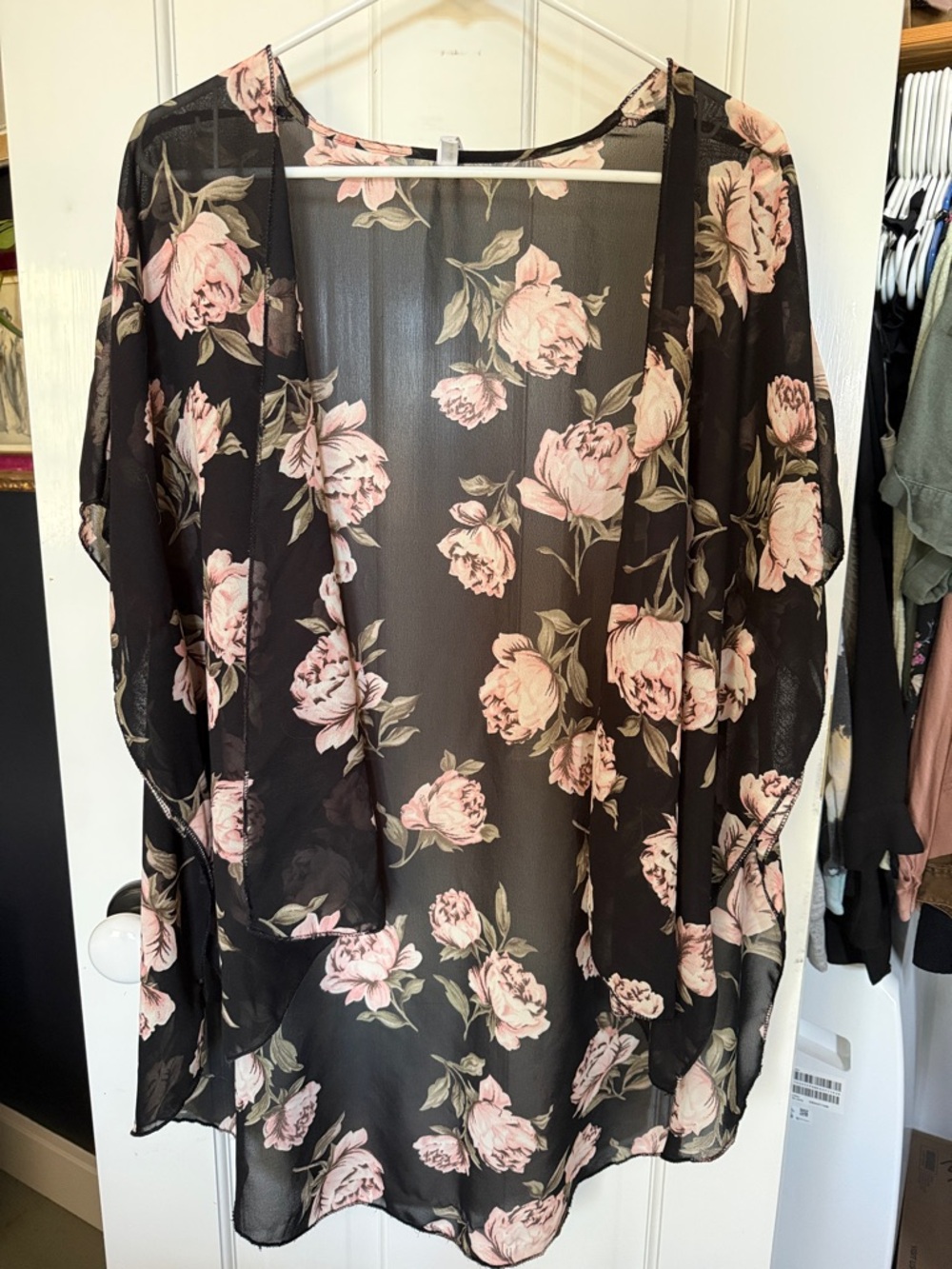 Black Floral Sheer Kimono with Pink Roses